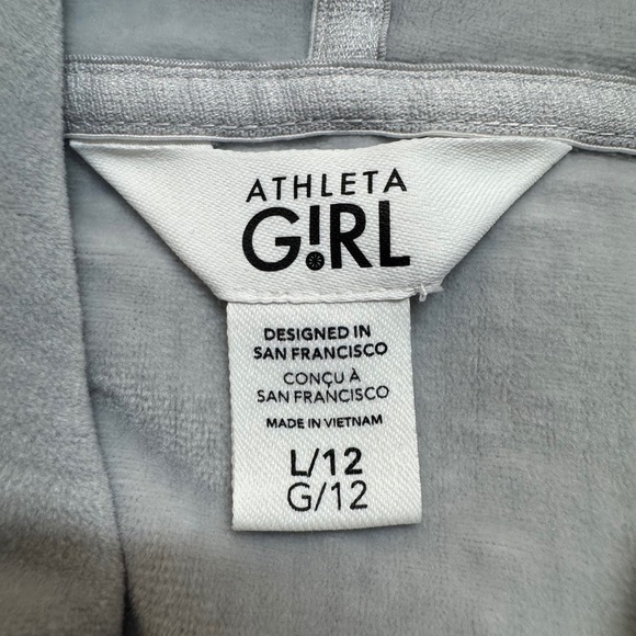 Athleta Girl Large Hoodie 12 Gray Ribbed Velour Cropped Sweatshirt Pullover - Picture 4 of 6
